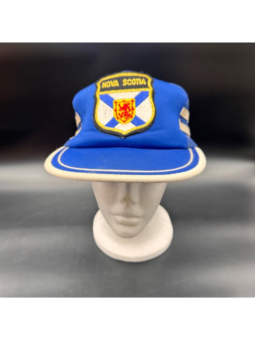 Vintage Three Stripe Snapback Hat Nova Scotia Trucker Cap Embroidered Patch Blue - Picture 2 of 12